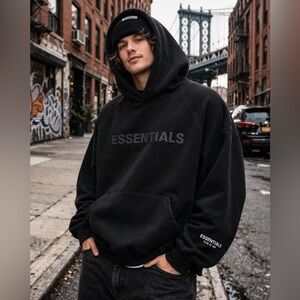 Fear of God Essentials Black Hoodie Pullover Size M Oversized Logo Streetwear